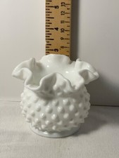 Fenton White milk glass hobnail short bulb vase ruffled edging 3