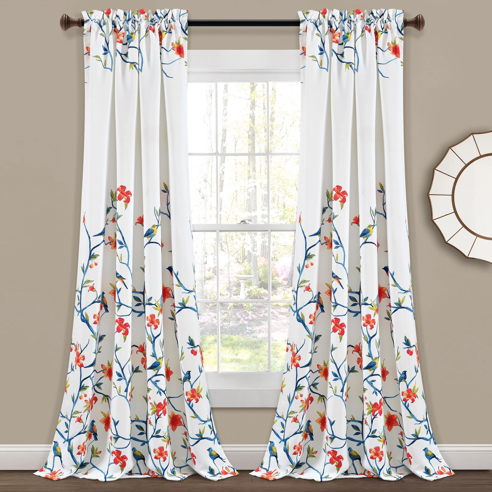 Set 2 White Blue Orange Floral Birds Curtains Panels Drapes 84 95 inch Darkening