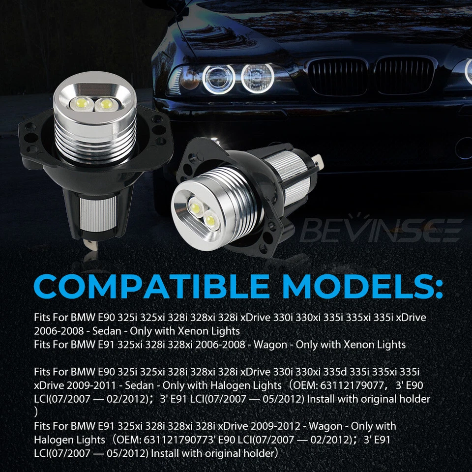 Pair For BMW E90 E91 328i 2006-2011 LED Angel Eyes Halo Ring Marker Light Bulbs - Image 3 of 4