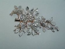 VINTAGE SILVER FLOWER LEAF SPRIG RHINESTONE ACCENT HAIR CLIP BARRETTE