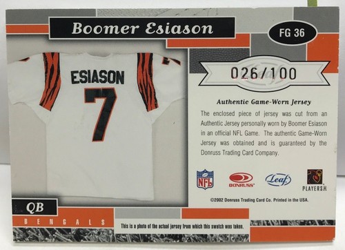 Boomer Esiason 2002 Leaf Certified Fabric of the Game GU Jersey #d/100 - BENGALS - Picture 2 of 2
