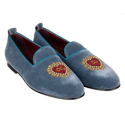 DOLCE & GABBANA Velvet Loafer Shoes YOUNG POPE Heart Logo Embroidery Blue  09674 | eBay