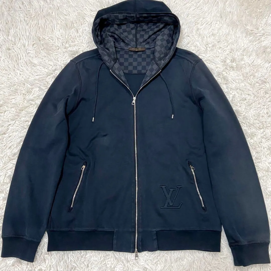 LOUIS VUITTON Damier pattern hoodie zip-up jacket LV logo black L