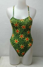 New Green Floral Pattern Thin Straps Thong Leotard for Women size 10 Small