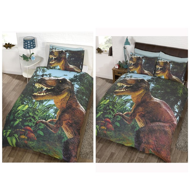 JURASSIC T-REX SET COPRIPIUMINO DINOSAURO IN CAMERA SINGOLA O DOPPIA PER BAMBINI - JURASSIC T-REX SET COPRIPIUMINO DINOSAURO IN CAMERA SINGOLA O DOPPIA PER BAMBINI -
