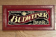 Rare 1975 Anheuser Busch BUDWEISER Beer HENSLEY Co. Wood Framed Glass Bar Sign!