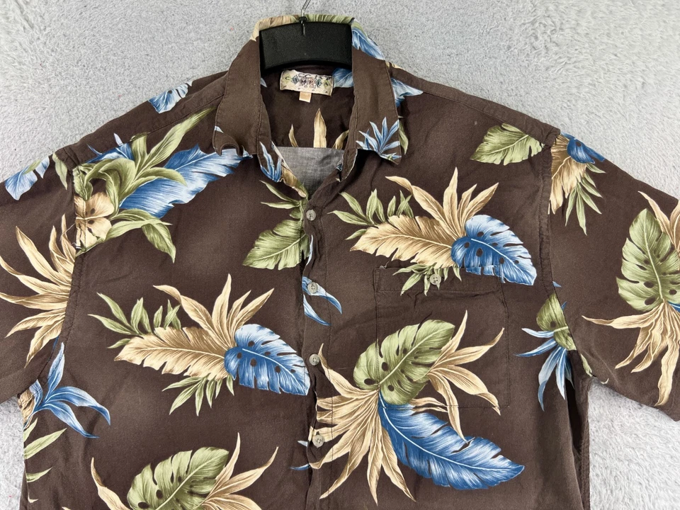 Camisa Campia Moda Para Hombre Extra Grande Marrón Azul Botón Hawaiano Floral Hoja Rayón Foto 4 de 4