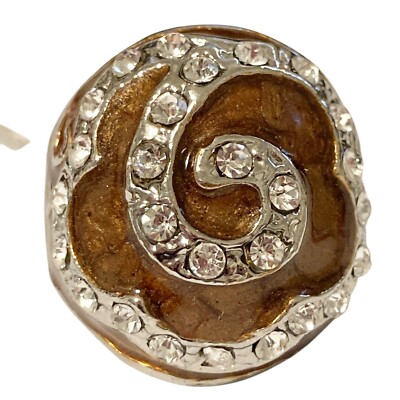 Vintage Brown Enamel Swirl Crystal Cocktail Ring Art Deco Silver Plated Size 8