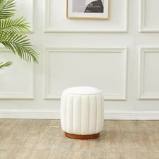 Couture Collection Sherrie Ivory Velvet/Walnut round Channel Tufted Ottoman (Ful