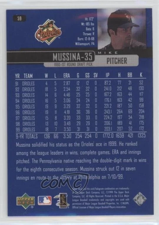2000 Upper Deck Mike Mussina #59 HOF - Image 2 of 2