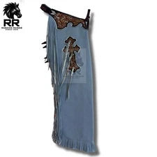 Bull Riding Pro Rodeo Chaps Beige Smooth Leather Skin Black fringes chap