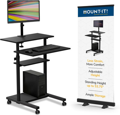 Portable Mobile Computer Cart with Monitor Mount & Keyboard Tray, Black