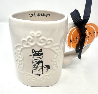 Rae Dunn CAT MUM Gothic Style Halloween Cat Mummy White & Black Mug New