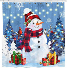 Bonsai Tree Christmas Shower Curtain, Snowman Shower Curtain for Bathroom Dec