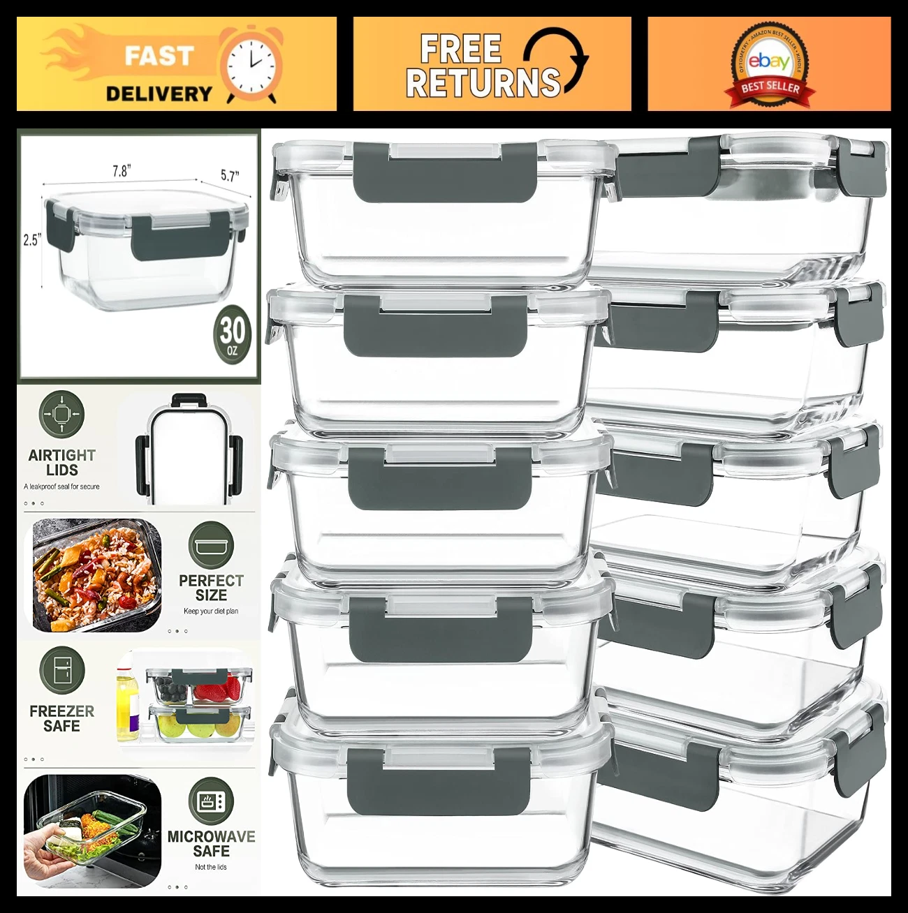 10 Pack 30 oz Glass Meal Prep Containers with Lids, Airtight Food Storage Boxes,