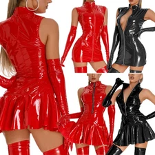 Women Latex Leather Zipper Bodycon Mini Dress Sexy Wet Look Shiny Skirt Clubwear