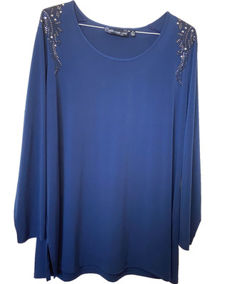 Susan Graver~ Dark Blue Liquid Knit Tunic Top Metal Stud Accents on Shoulder 2x