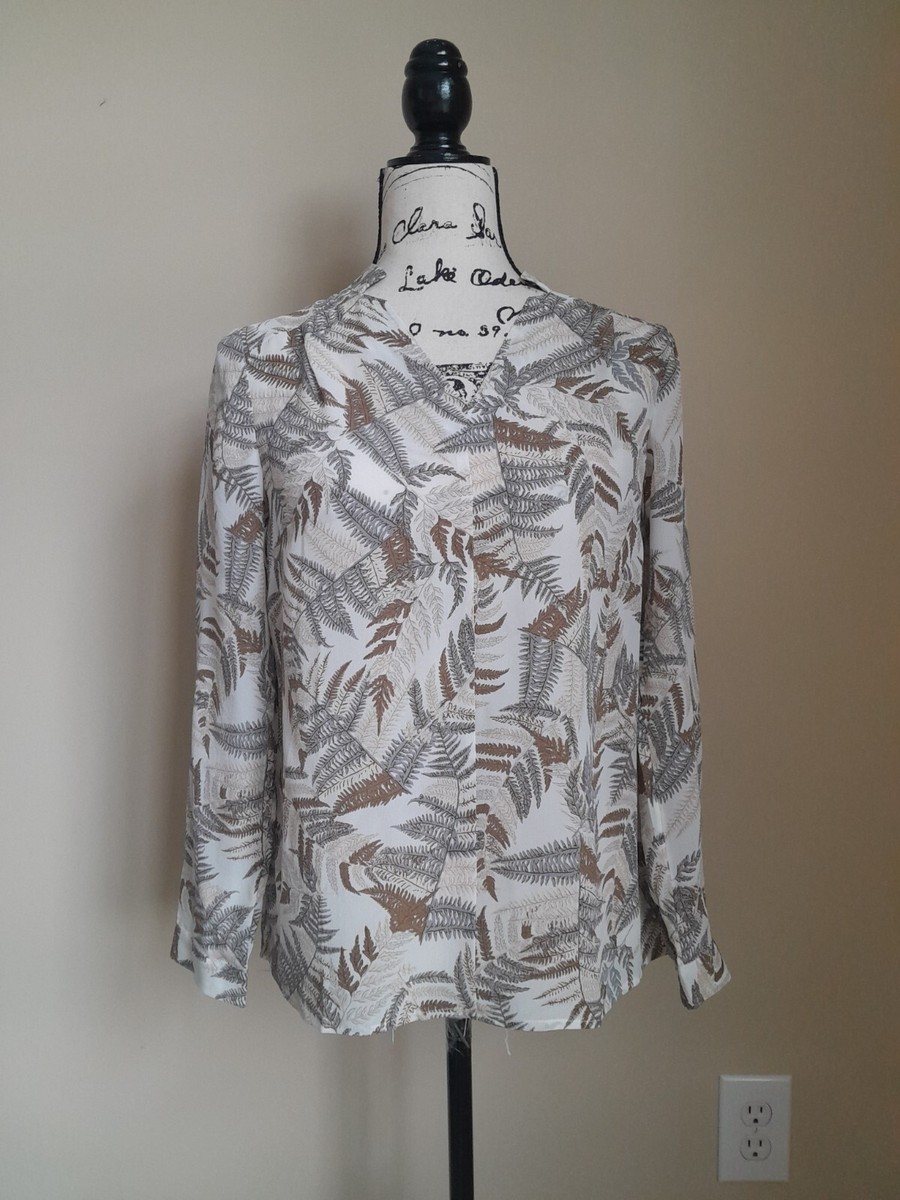 Talbots washable silk blouse long sleeve leaf print womens P
