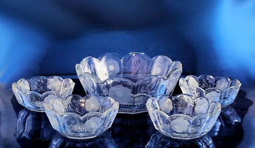 Heisey Glass #429 PLAIN PANEL RECESS Berry Set with Rose Engraved Decor w/H Mark - Picture 2 of 8