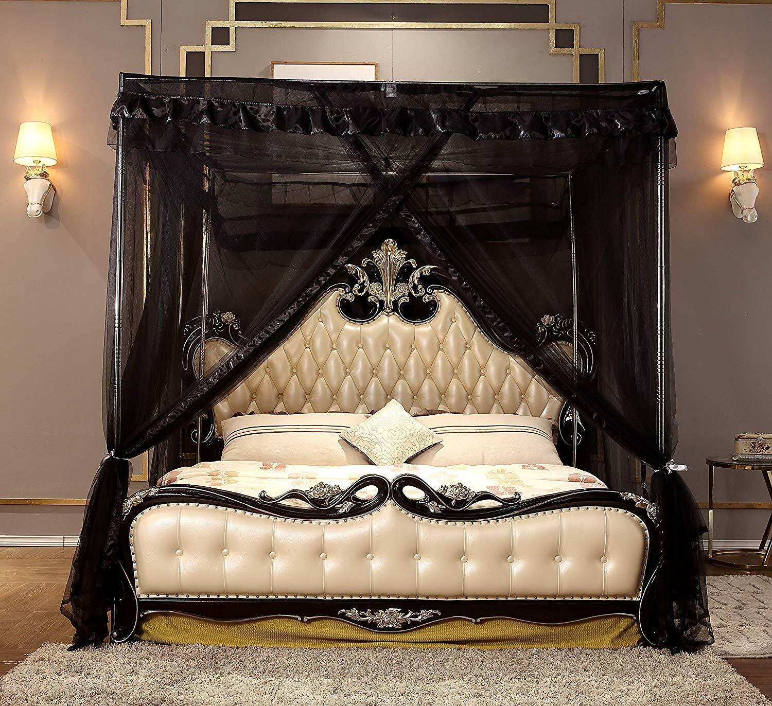 Black Ebony Ruffled Four 4 Post Bed Canopy Netting Curtains Sheer Panel ANY SIZE WYPRZEDAŻ, oryginalna gwarancja!