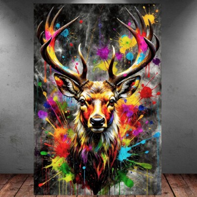 LEINWAND BILD ER XXL ABSTRAKT HIRSCH KOPF GEWEIH BUNT GRAFFITI WAND POSTER P1068