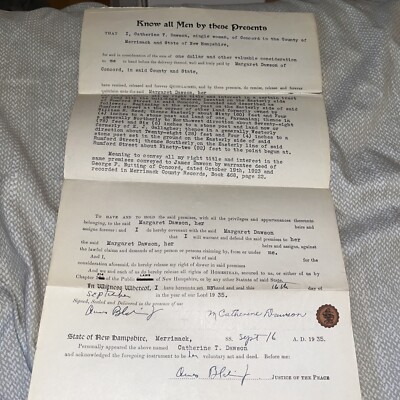 Antique New Hampshire Deed Catherine Margaret Dawson Genealogy Merrimack County