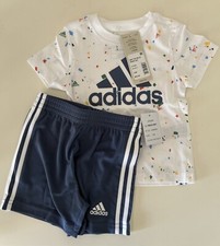 Adidas Baby Boys Print T Shirt 3 Stripe Short Set White Multi 12M
