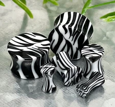 PAIR Zebra / White Tiger Saddle Plugs Gauges Acrylic Tunnels Earlet Body Jewelry