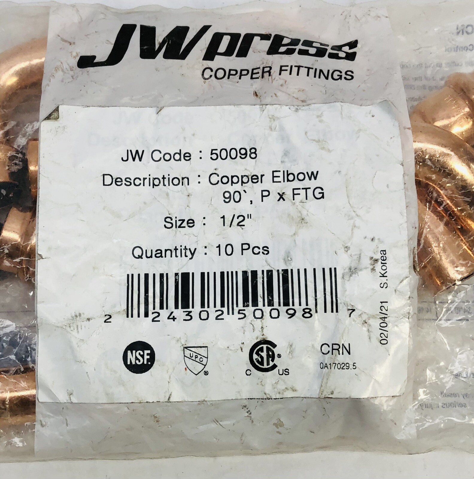 LOT OF 10 JW PRESS #50098 COPPER ELBOW 1/2" 90° P x FTG