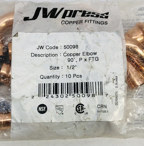 LOT OF 10 JW PRESS #50098 COPPER ELBOW 1/2" 90° P x FTG