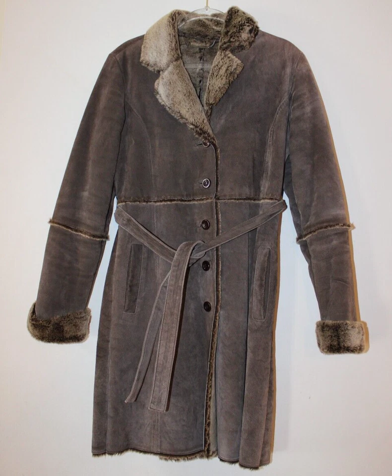 Brandon Thomas Años 90 Vintage Beige Largo Cuero Gamuza Chaqueta Imitación Piel Forrada Abrigo S