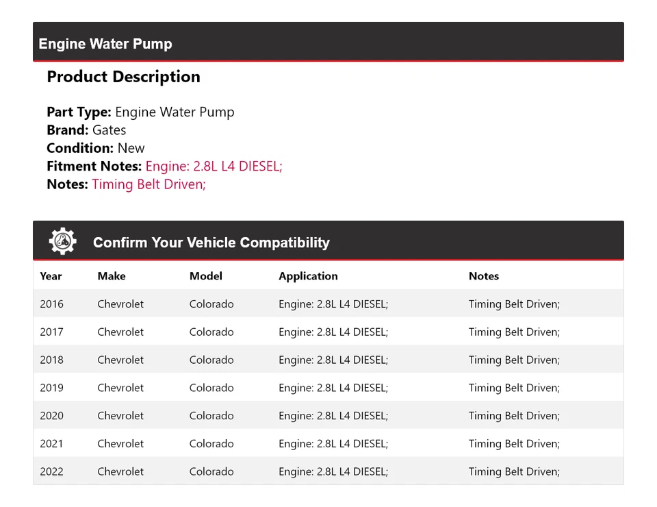 Puertas de bomba de agua con motor diésel L4 de 2,8 L para Chevrolet Colorado 2016-2022 2017 Foto 2 de 4