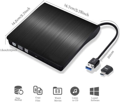 Slim External CD DVD RW Drive USB 3.0 Writer Burner Player Black For Laptop PCus
