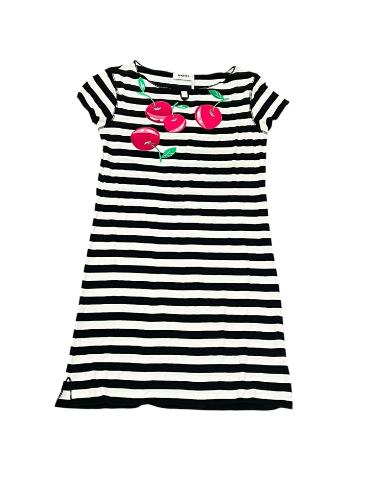 Sonia Rykiel Niño 14 Niñas Negro Blanco Rayas Camiseta Vestido Apliques Cereza Foto 3 de 4