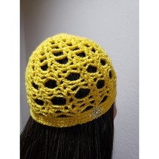 Handmade Crochet Beanie Knit Hat Cottage Flower Fairy Mustard Yellow Acrylic