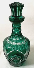 Vintage German Emerald Green Cut to Clear Decanter Flowers and Fans Pattern