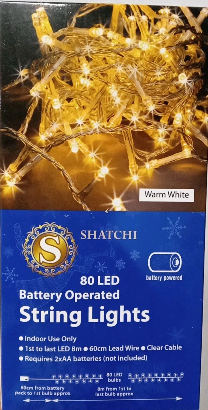 Shatchi 80 LED Battery Operated String Lights Warm White, 16 Pcs.