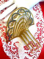 Vintage Antique Art Deco Hair Comb   Celluloid Mantilla Light Blue Rhinestones