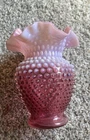 Vintage Fenton Art Glass Pink Cranberry White Opalescent Hobnail Rose Bowl Vase