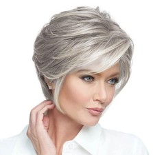Human Hair Wig New Natural Short Women's Silver Gray Wavy Wigs 8 Inch