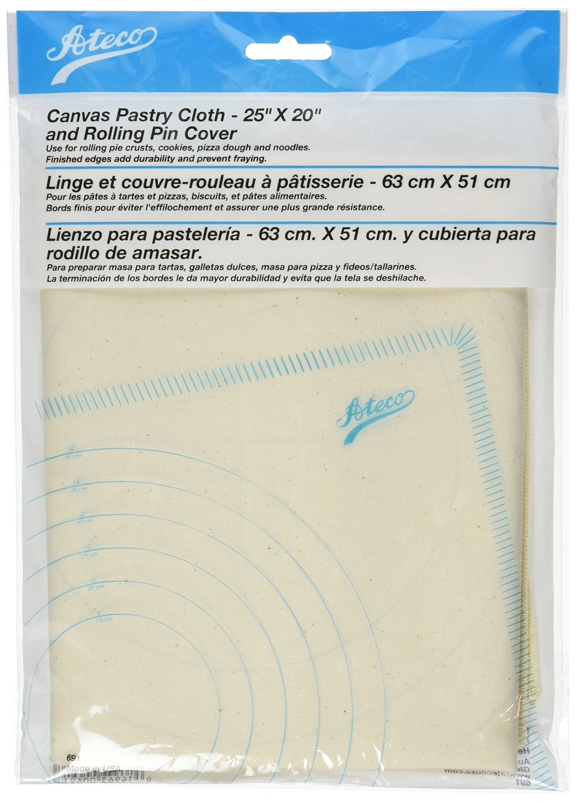 Ateco Canvas Pastry Cloth and Rolling Pin Cover, 25" x 20"