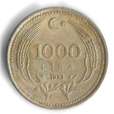 1993 Turkey / Turkiye 1,000 Lira World Coin - KM# 997