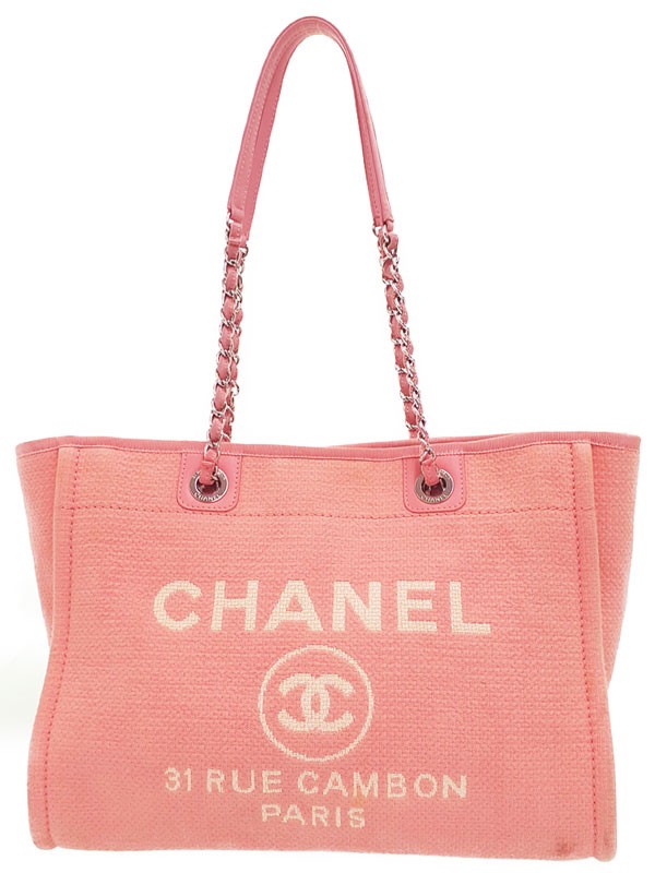 Chanel Deauville Chain Tote A67001 Canvas Pink Tote Bag Silver Hardware #TB2707