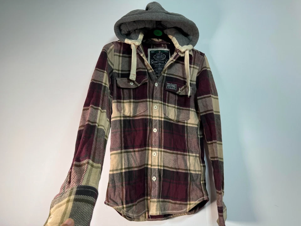 Superdry Camisa Leñador Franela Hombre Pequeña Beige Borgoña Cuadros Con Capucha Invierno Foto 4 de 4