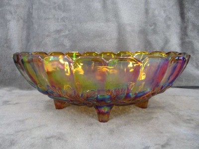 Depression Glass Footed Bowl Iridescent Floral Pattern Amber Colored VTG Oval