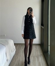 Zara Structured Sequined Mini Dress Black Sleeveless Collar Womens S