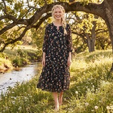 Madewell Floral Tiered Midi Dress Womens M Black Boho Cottagecore
