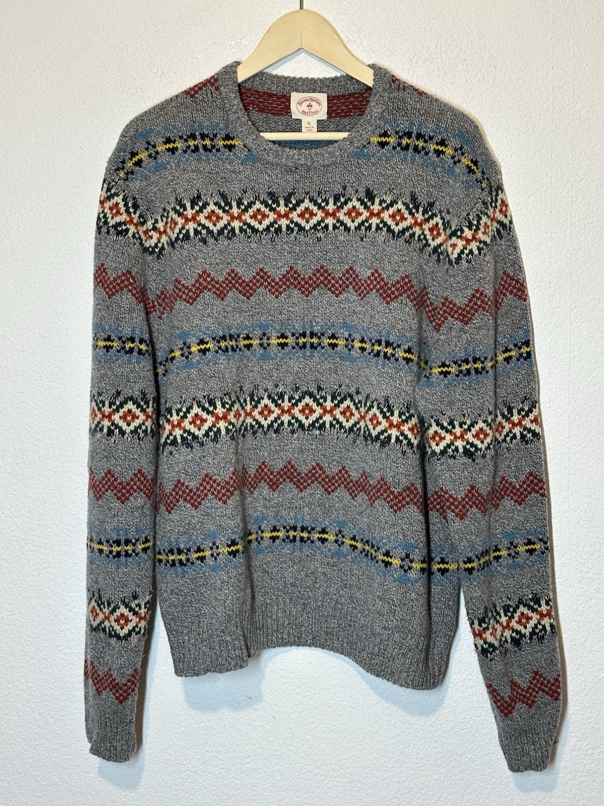 Brooks Brothers Red Fleece Wool Blend Sweater Mens XL Gray Fair Isle Ski Preppy