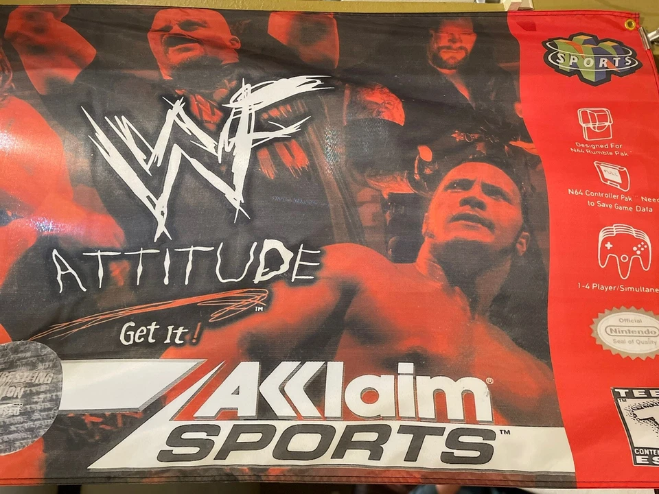 Póster Bandera WWF Attitude Get It Nintendo N64 5 pies 1999 64 WWE Stone Cold Foto 3 de 3
