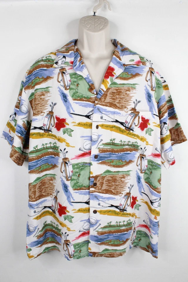 Vintage Iolani Hawaii Shirt Mens L Button Up Golf Pattern Camp 80s - Image 2 of 4